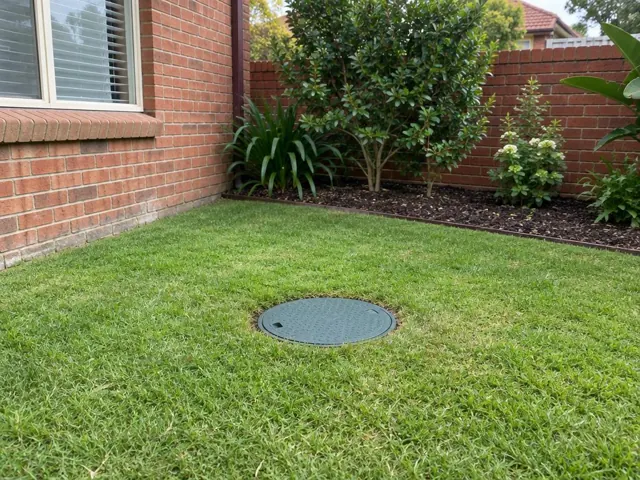 Capped inspection opening in a grassy backyard beside a brick house and garden beds in Merrylands