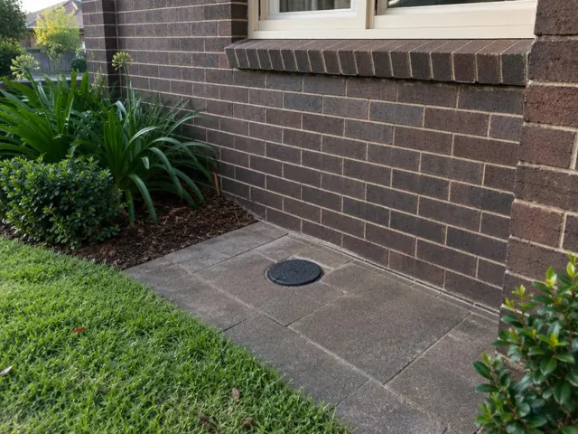 Capped circular access point set flush in reinstated paving beside a brick house wall in South Granville