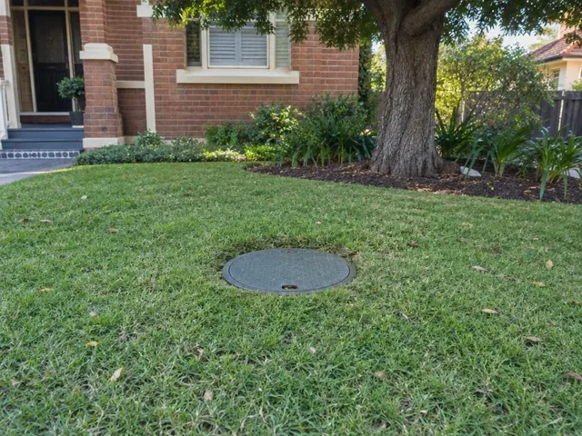 Circular inspection cover set in a tidy lawn beside a brick house in Auburn